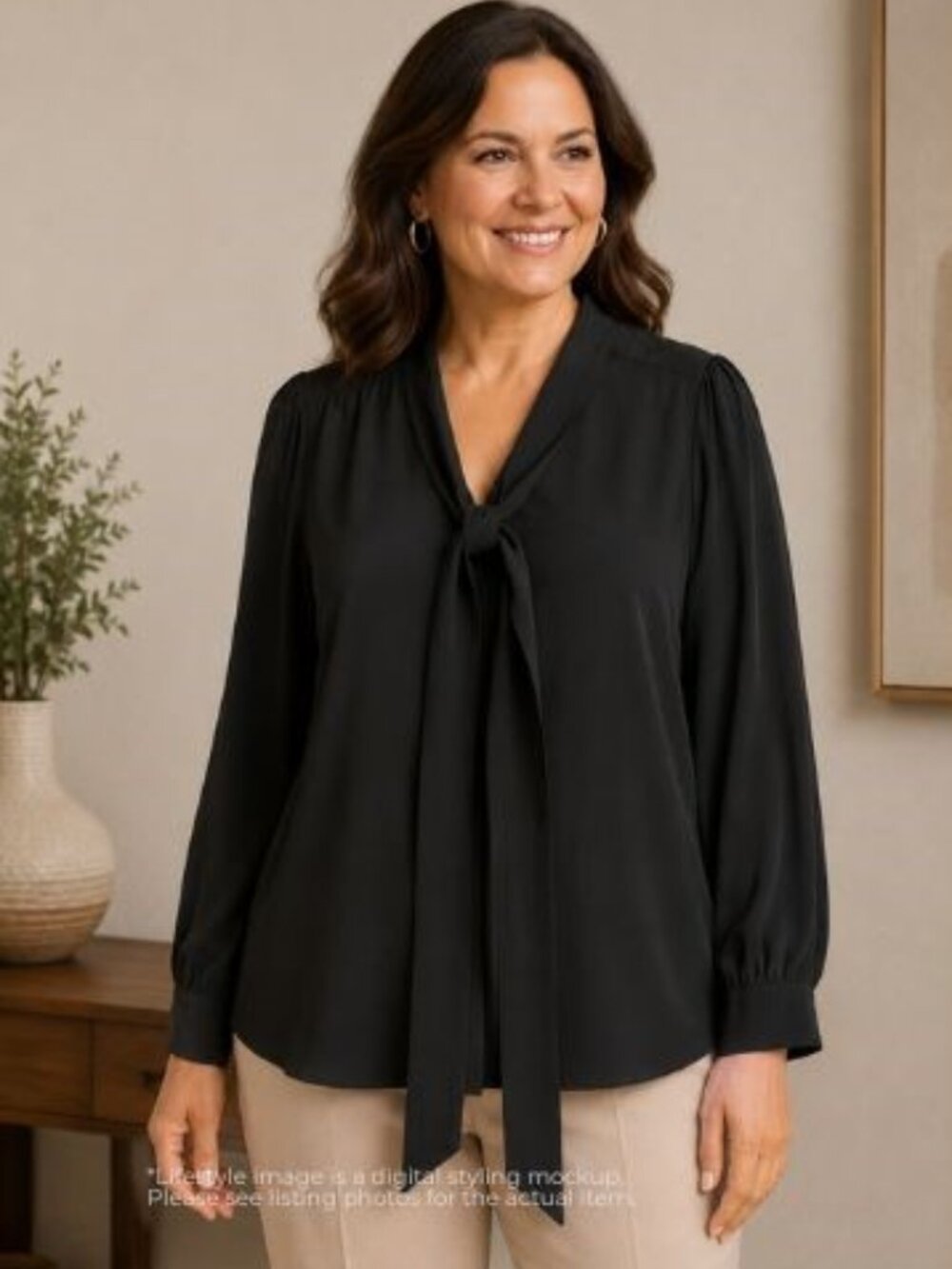 Roaman's Women's 18W Black Tie Neck Blouse Long Sleeve Career Office Plus Size